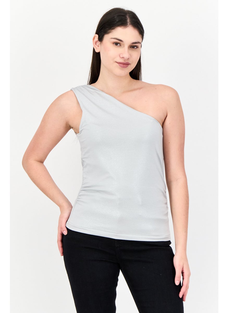 Women Asymmetrical Neck One Shoulder Sleeve Metallic Tank Top, Grey