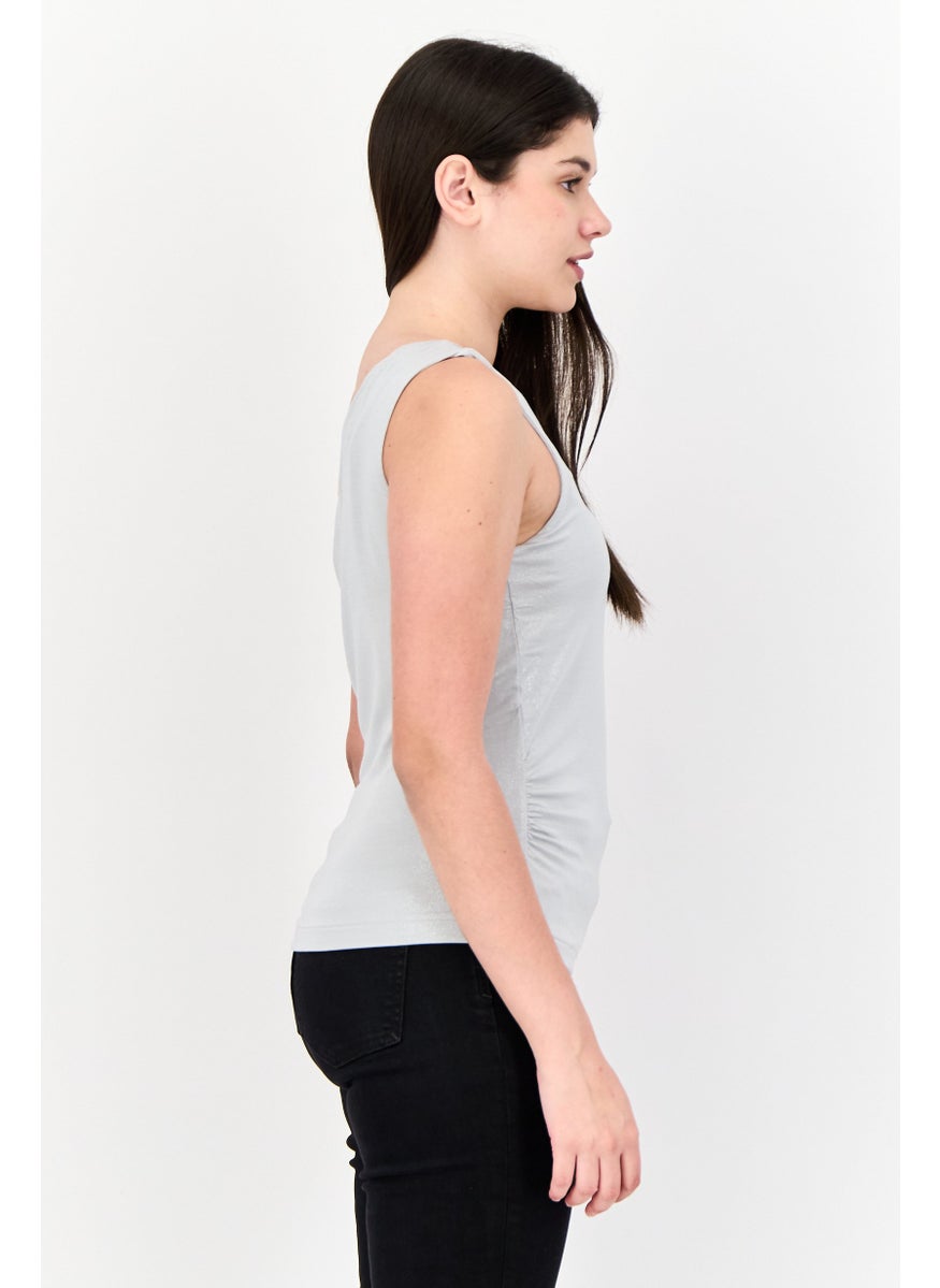 Women Asymmetrical Neck One Shoulder Sleeve Metallic Tank Top, Grey