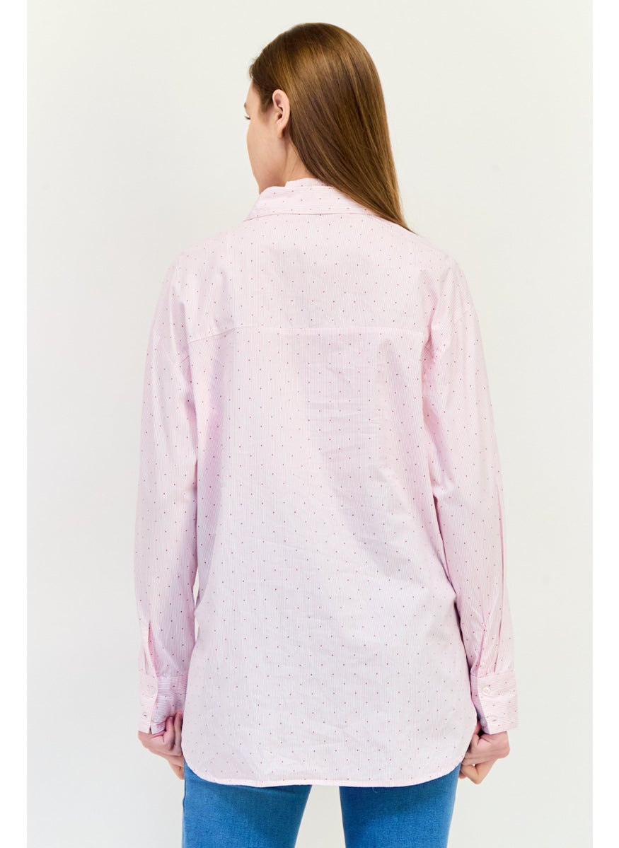 Women Spread Neck Long Sleeves Micro Stripe Shirt, Pink