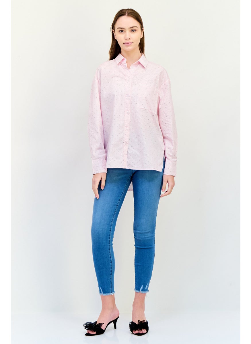 Women Spread Neck Long Sleeves Micro Stripe Shirt, Pink