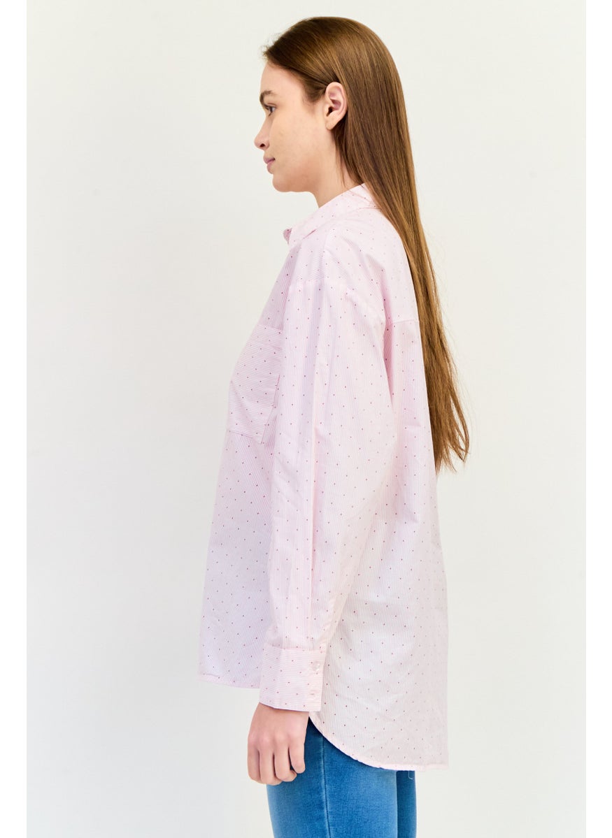 Women Spread Neck Long Sleeves Micro Stripe Shirt, Pink