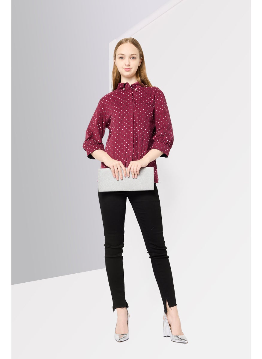 Women Button Down Collar Polka Dots 3/4 Sleeve Shirt, Maroon
