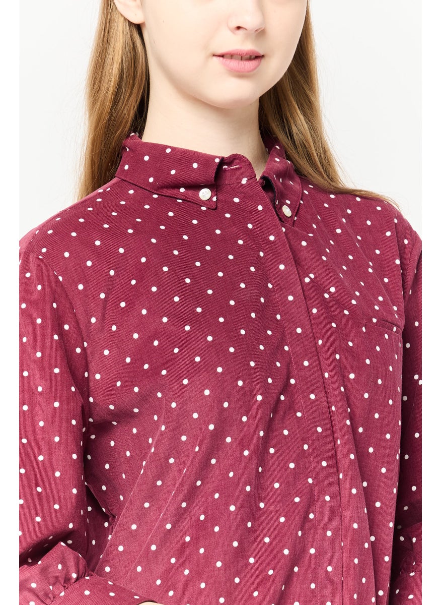 Women Button Down Collar Polka Dots 3/4 Sleeve Shirt, Maroon