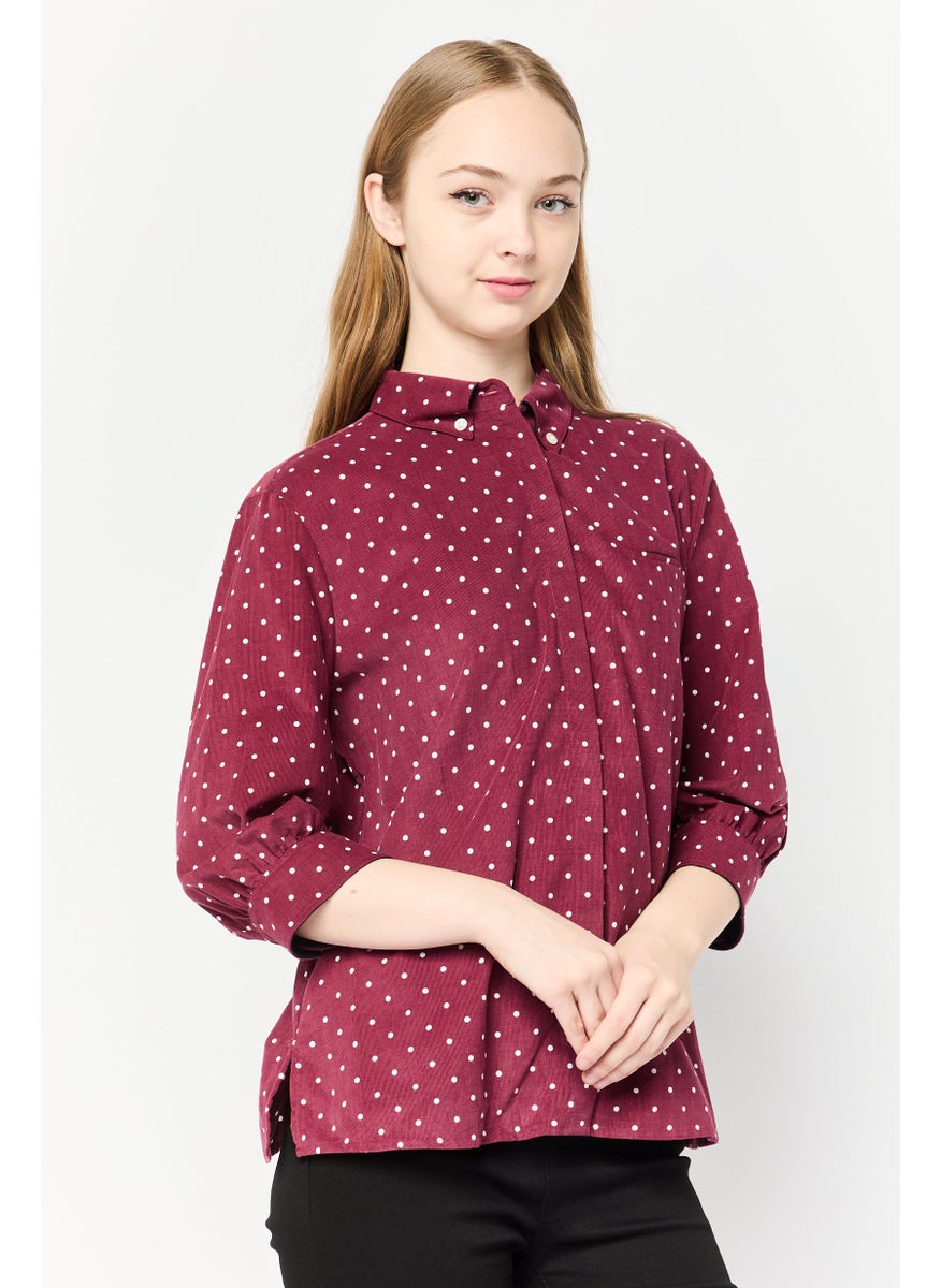 Women Button Down Collar Polka Dots 3/4 Sleeve Shirt, Maroon