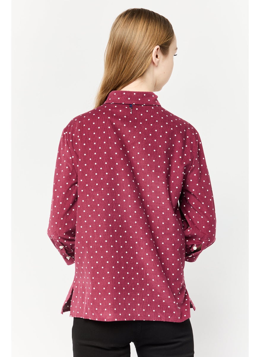 Women Button Down Collar Polka Dots 3/4 Sleeve Shirt, Maroon
