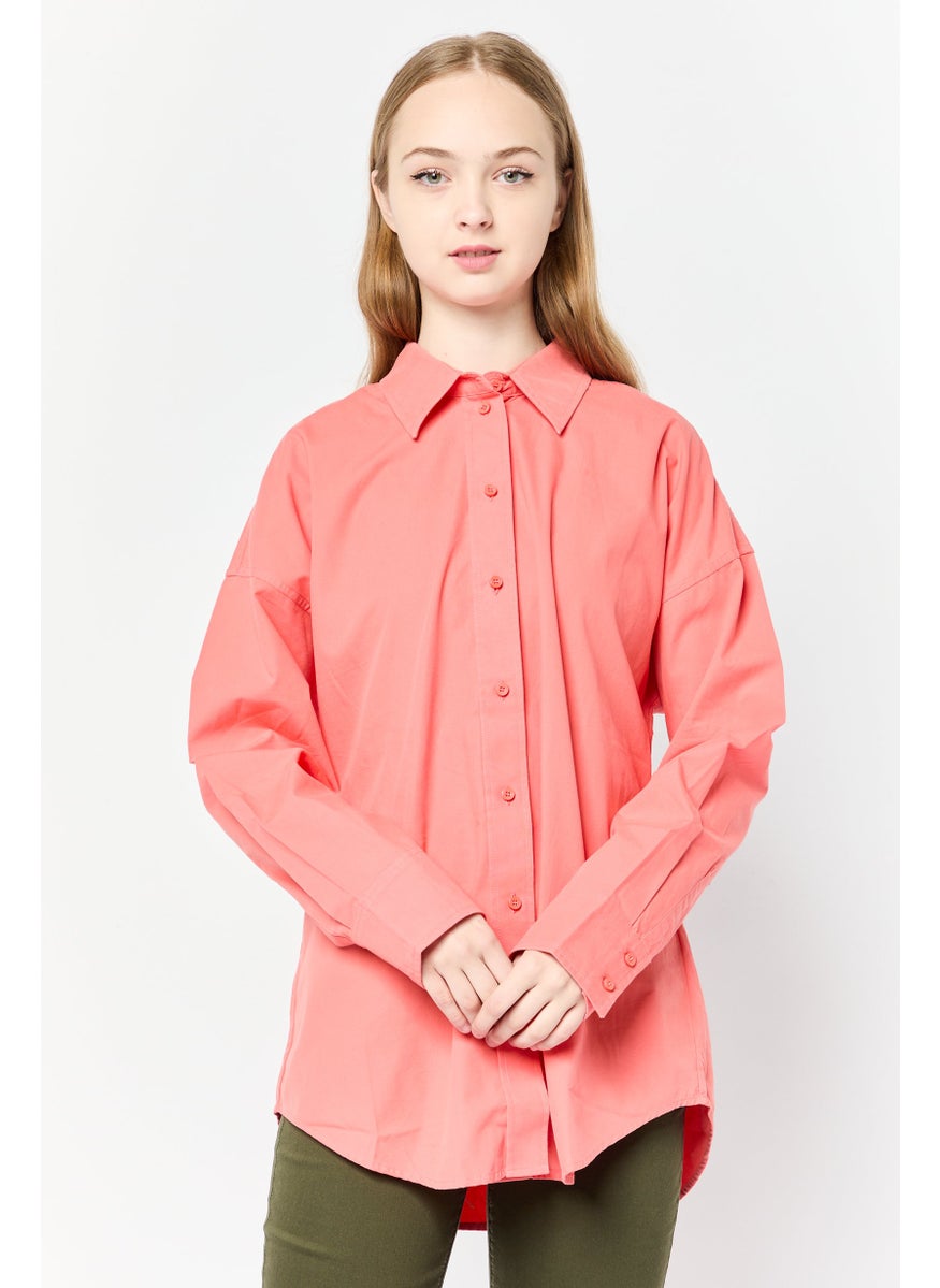 Women Spread Collar Long Sleeve Plain Shirt, Carrot Red