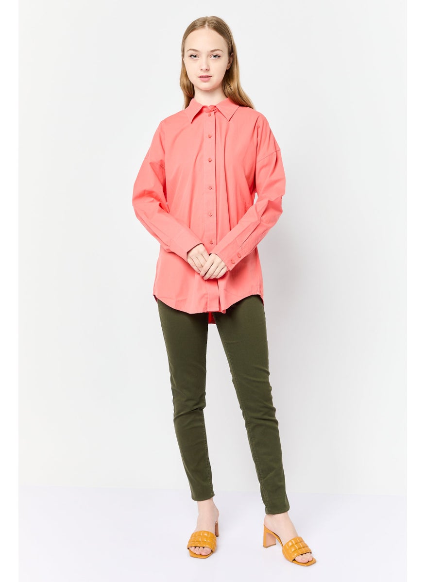 Women Spread Collar Long Sleeve Plain Shirt, Carrot Red