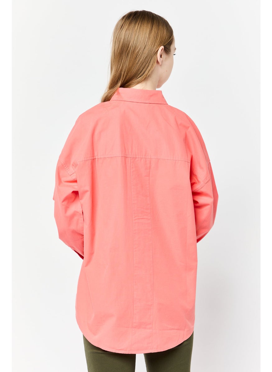 Women Spread Collar Long Sleeve Plain Shirt, Carrot Red