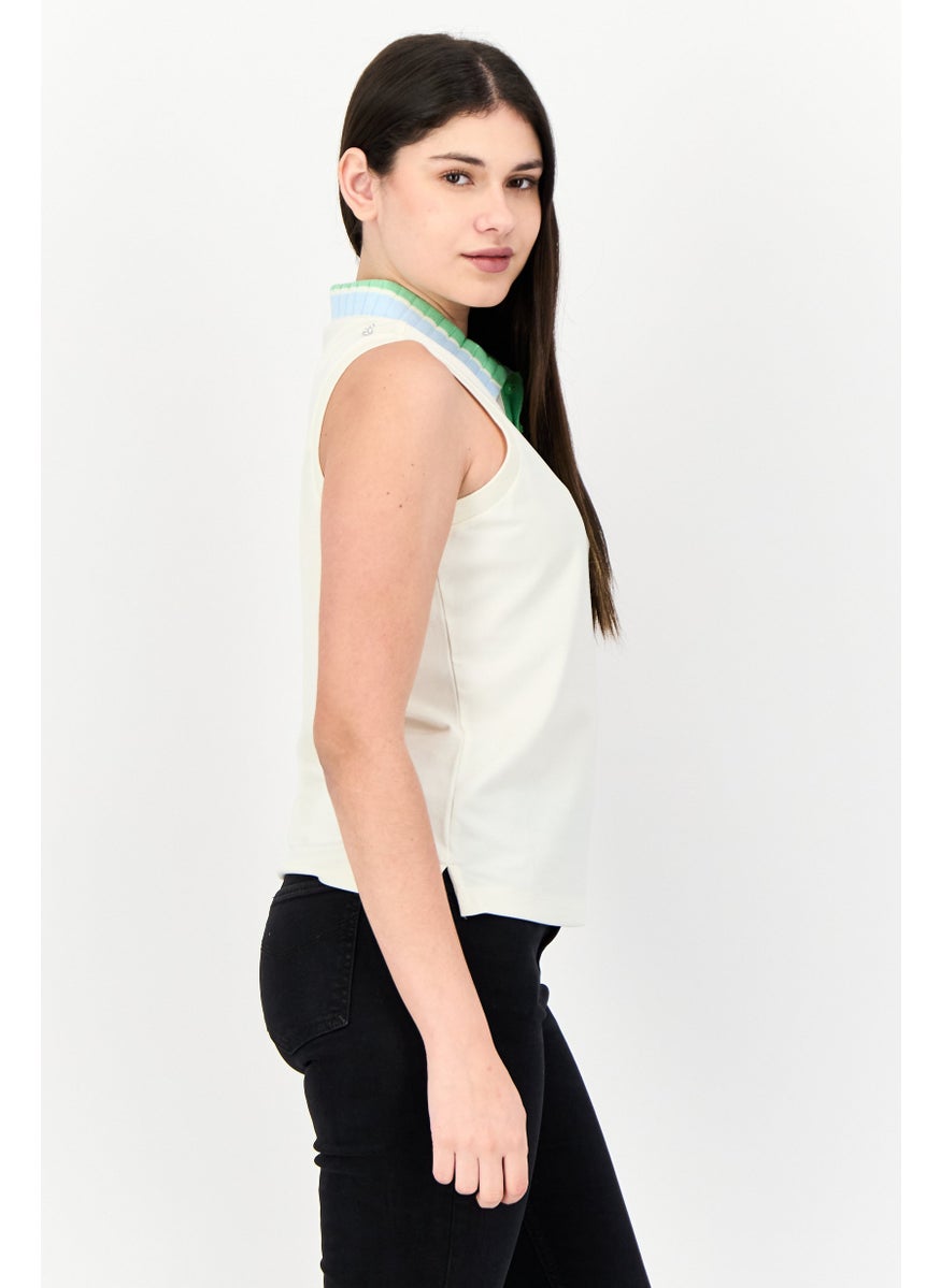 Women Spread Collar Cap Sleeveless Embroidered Top, Cream