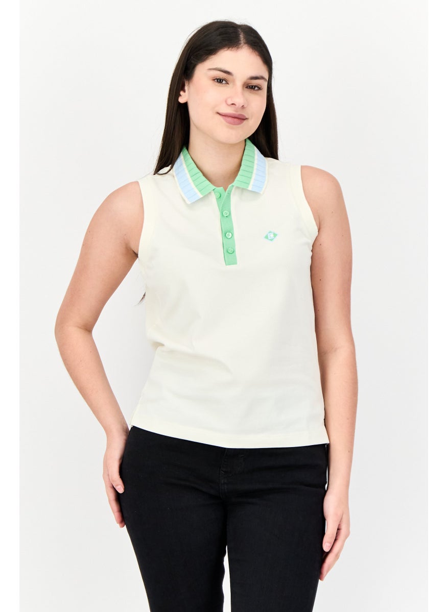 Women Spread Collar Cap Sleeveless Embroidered Top, Cream