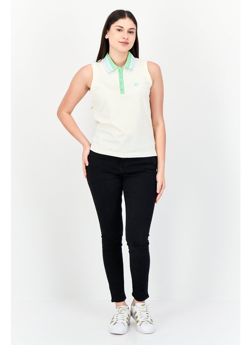 Women Spread Collar Cap Sleeveless Embroidered Top, Cream