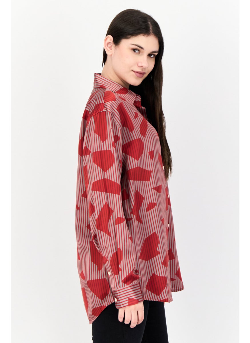 Women Spread Collar Long Sleeve Allover Print Shirt, Multicolor