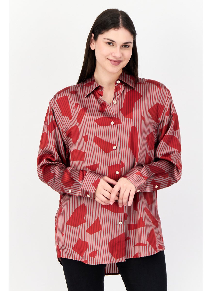 Women Spread Collar Long Sleeve Allover Print Shirt, Multicolor