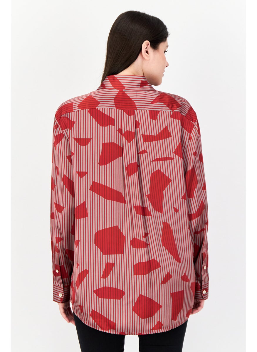 Women Spread Collar Long Sleeve Allover Print Shirt, Multicolor