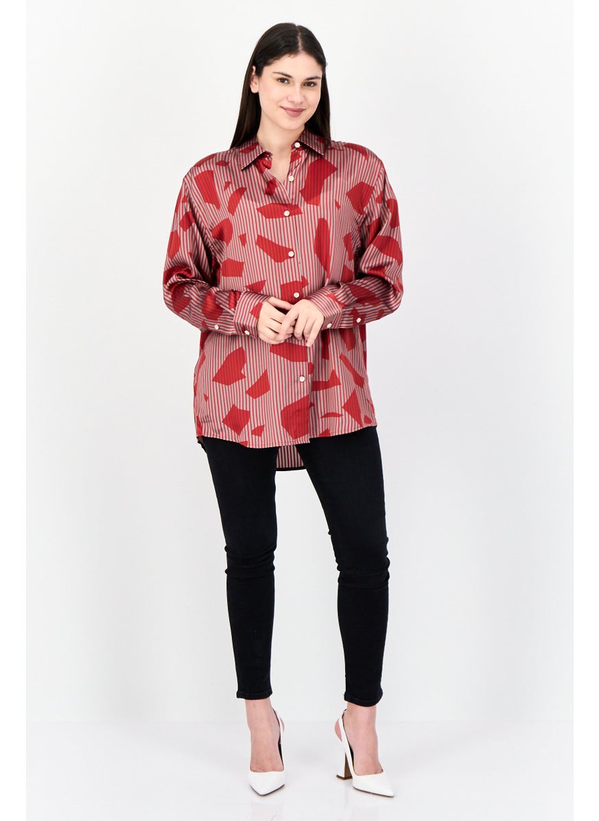 Women Spread Collar Long Sleeve Allover Print Shirt, Multicolor