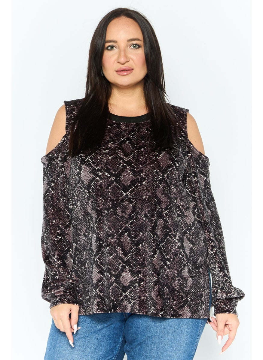 Women Round Neck Long Sleeves All Over Print Top, Black