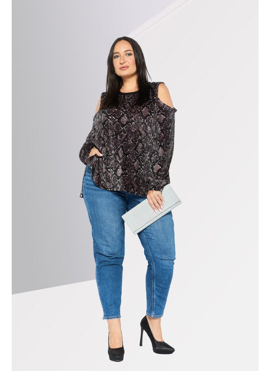 Women Round Neck Long Sleeves All Over Print Top, Black