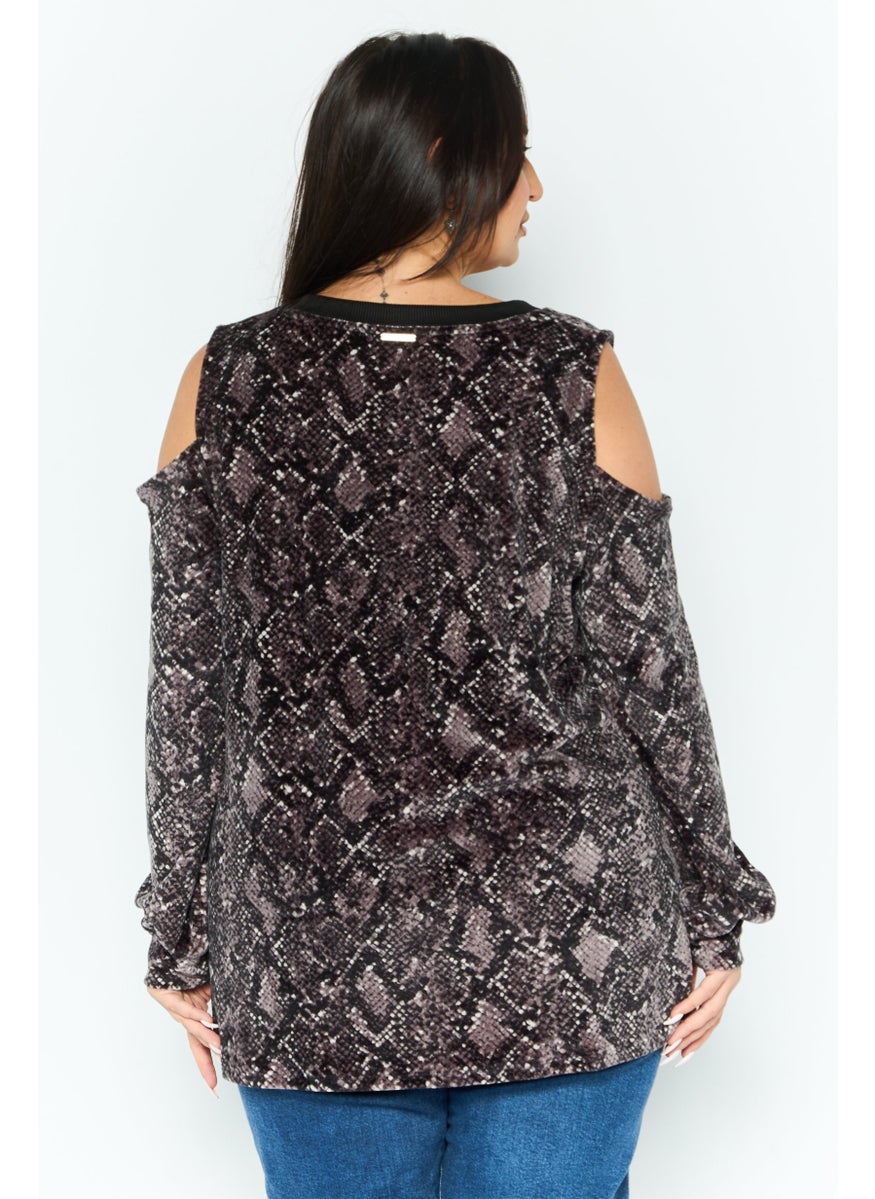 Women Round Neck Long Sleeves All Over Print Top, Black