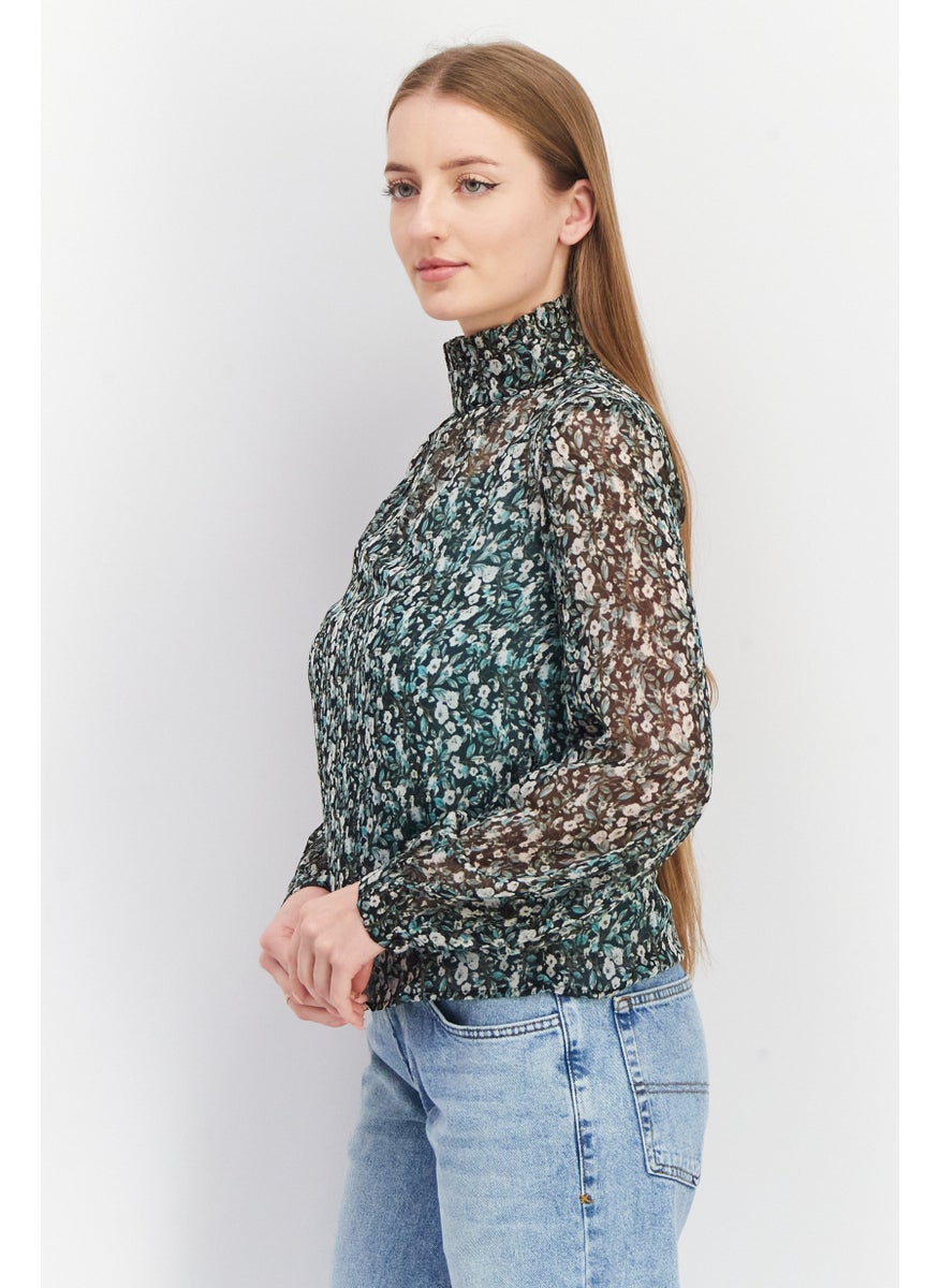 Women High Neck Long Sleeve Floral Print Top, Black Combo