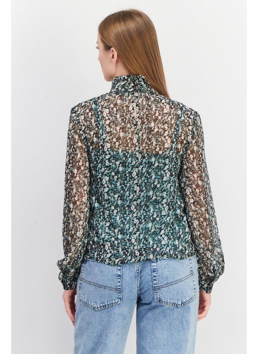 Women High Neck Long Sleeve Floral Print Top, Black Combo