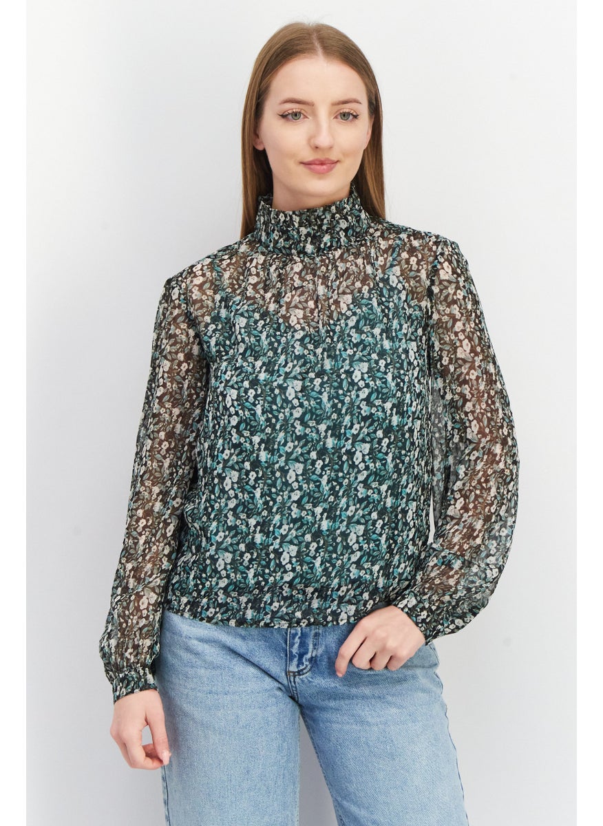 Women High Neck Long Sleeve Floral Print Top, Black Combo