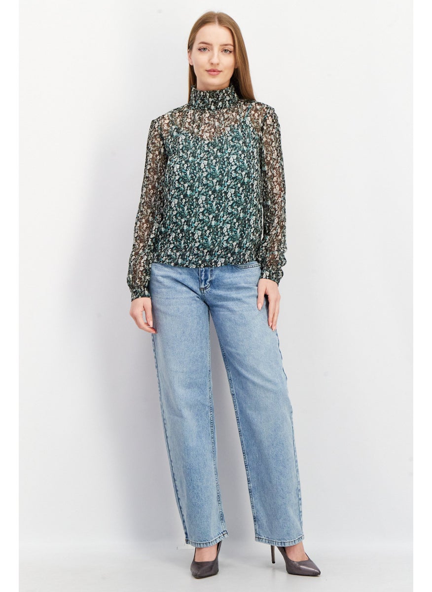 Women High Neck Long Sleeve Floral Print Top, Black Combo
