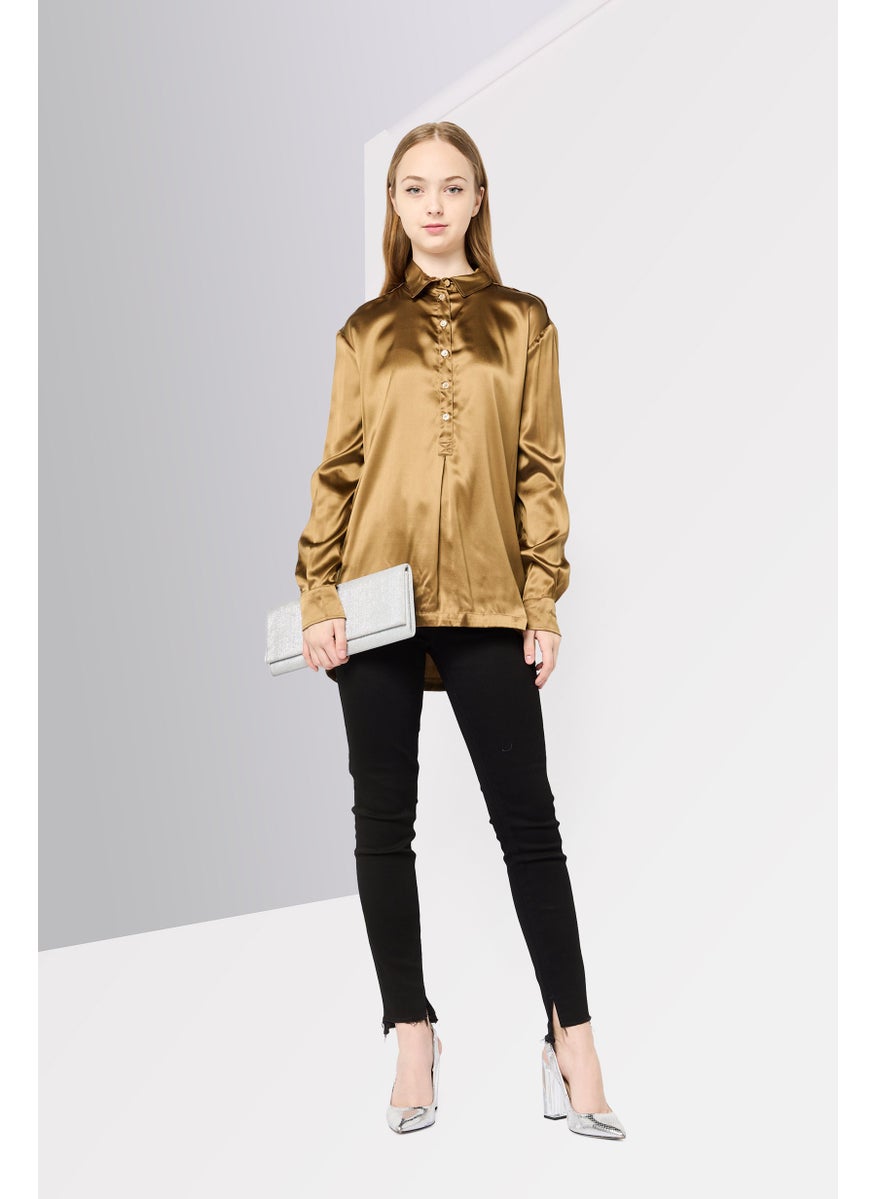 Women Spread Collar Plain Blouse, Deep Bronze