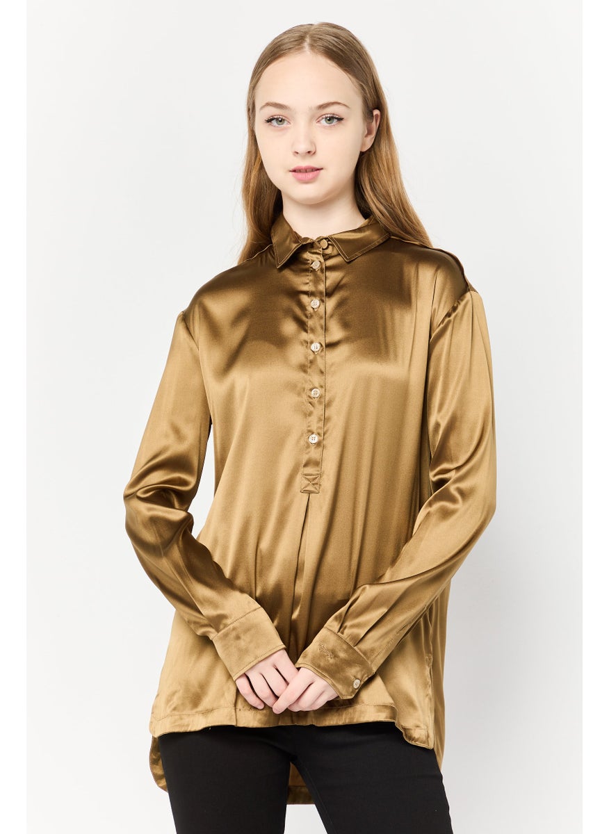 Women Spread Collar Plain Blouse, Deep Bronze