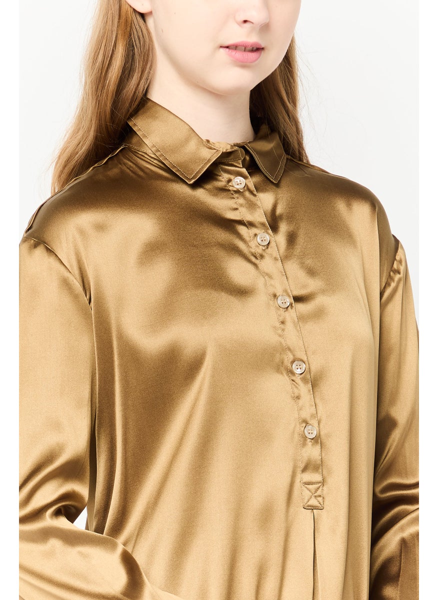 Women Spread Collar Plain Blouse, Deep Bronze