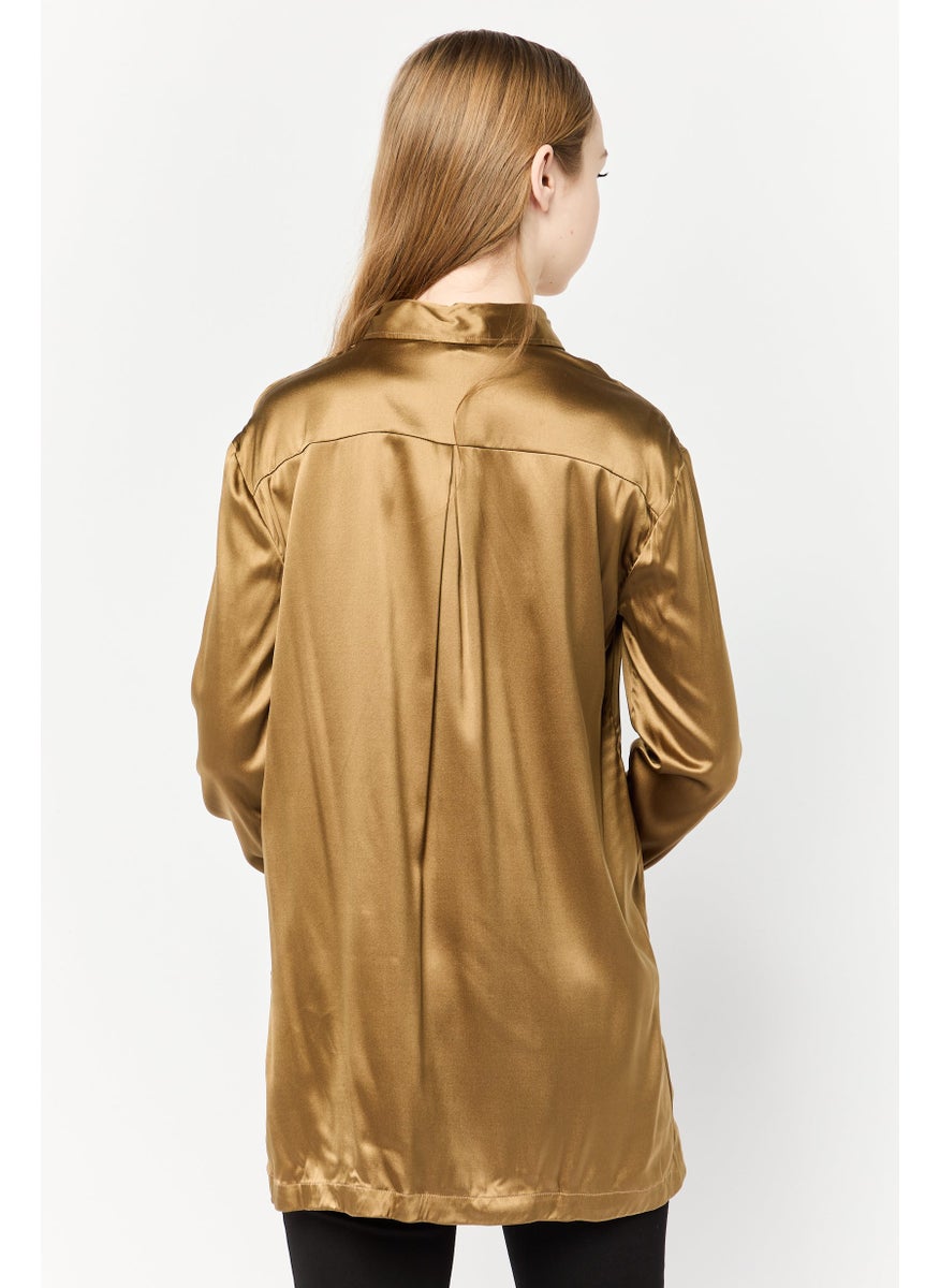 Women Spread Collar Plain Blouse, Deep Bronze