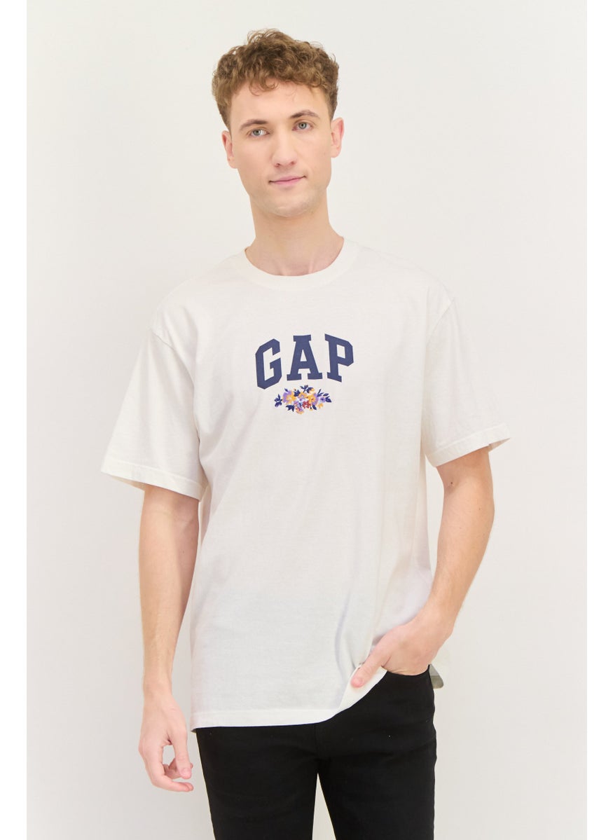 Men Crew Neck Short Sleeve Graphic Print T-Shirt, Off-White/Navy Combo