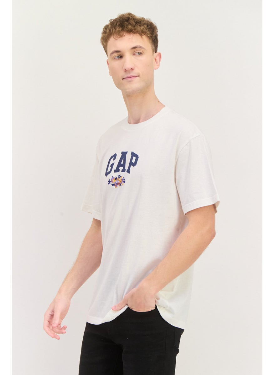 Men Crew Neck Short Sleeve Graphic Print T-Shirt, Off-White/Navy Combo
