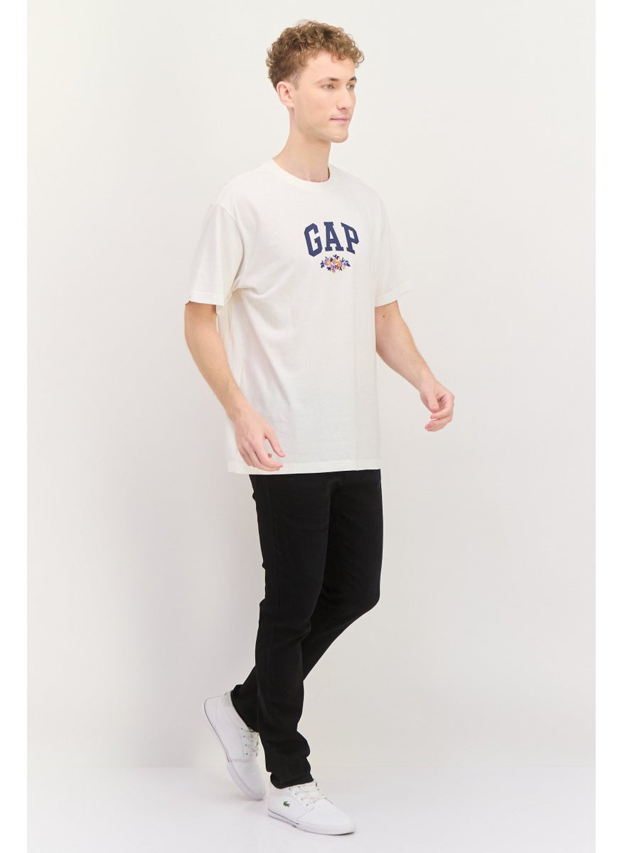 Men Crew Neck Short Sleeve Graphic Print T-Shirt, Off-White/Navy Combo