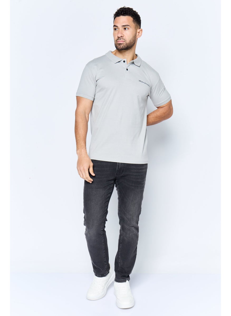 Men Regular Fit Brand Logo Short Sleeves Polo Shirt, Light Grey
