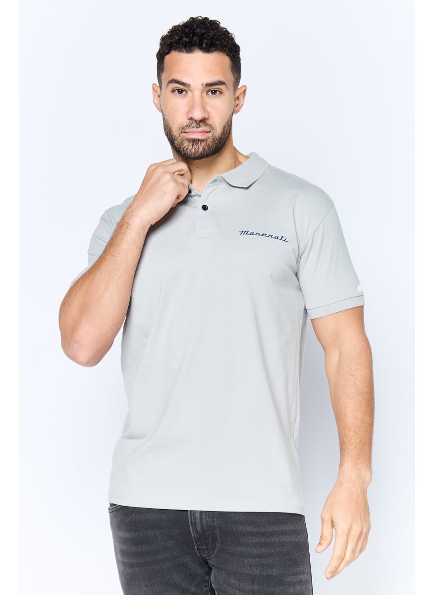 Men Regular Fit Brand Logo Short Sleeves Polo Shirt, Light Grey
