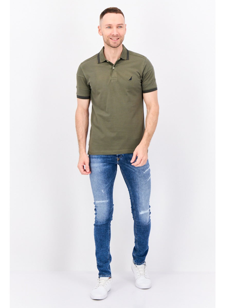 Men Regular Fit Embroidered Logo Short Sleeves Polo, Dark Olive