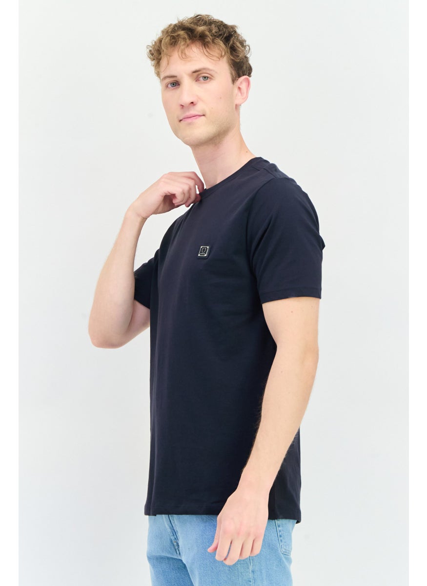 Men Crew Neck Short Sleeve Brand Logo T-Shirts, Navy Blue