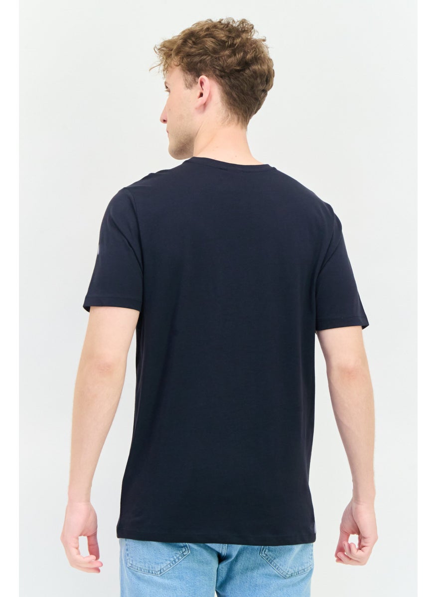 Men Crew Neck Short Sleeve Brand Logo T-Shirts, Navy Blue