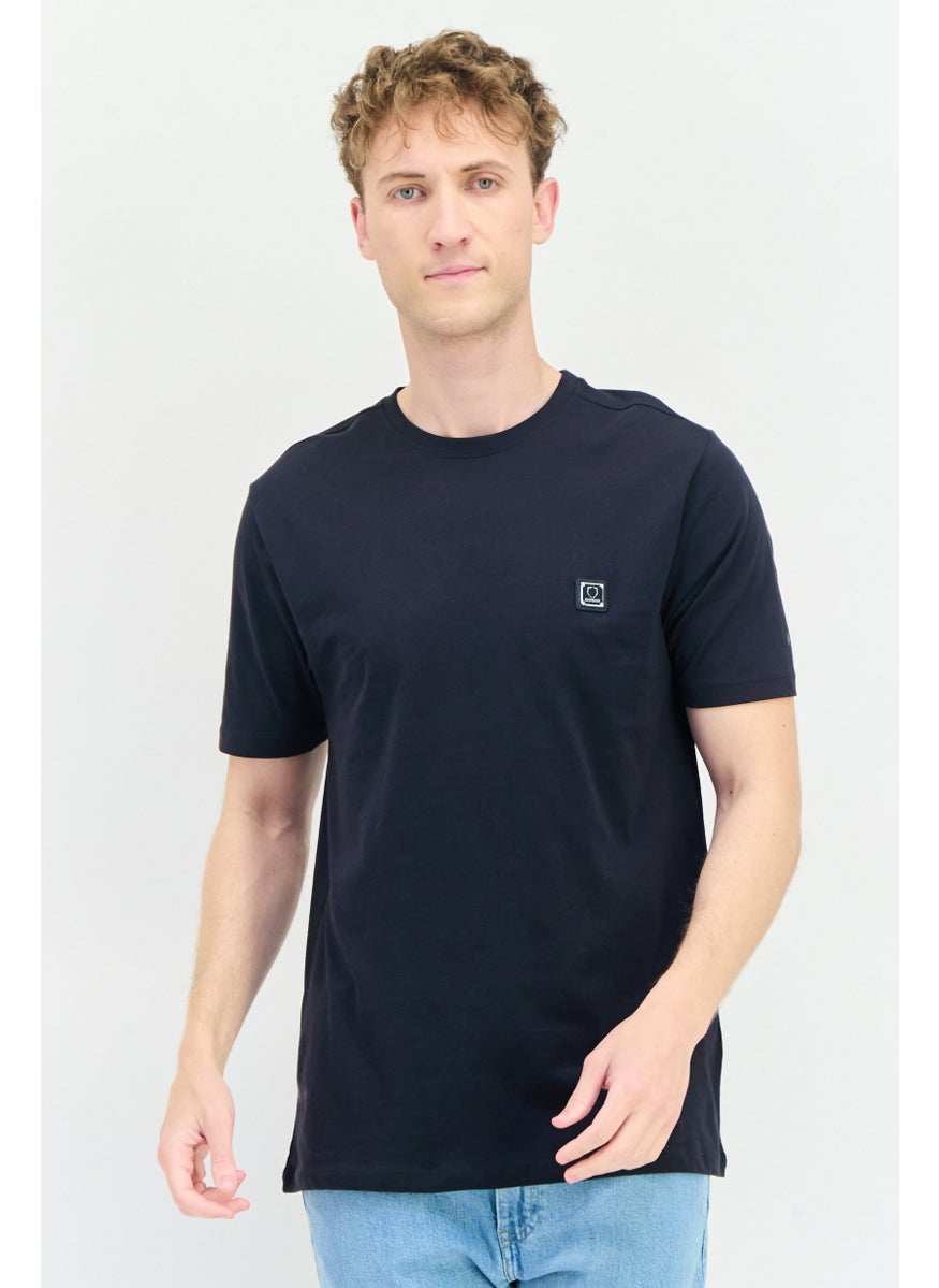 Men Crew Neck Short Sleeve Brand Logo T-Shirts, Navy Blue