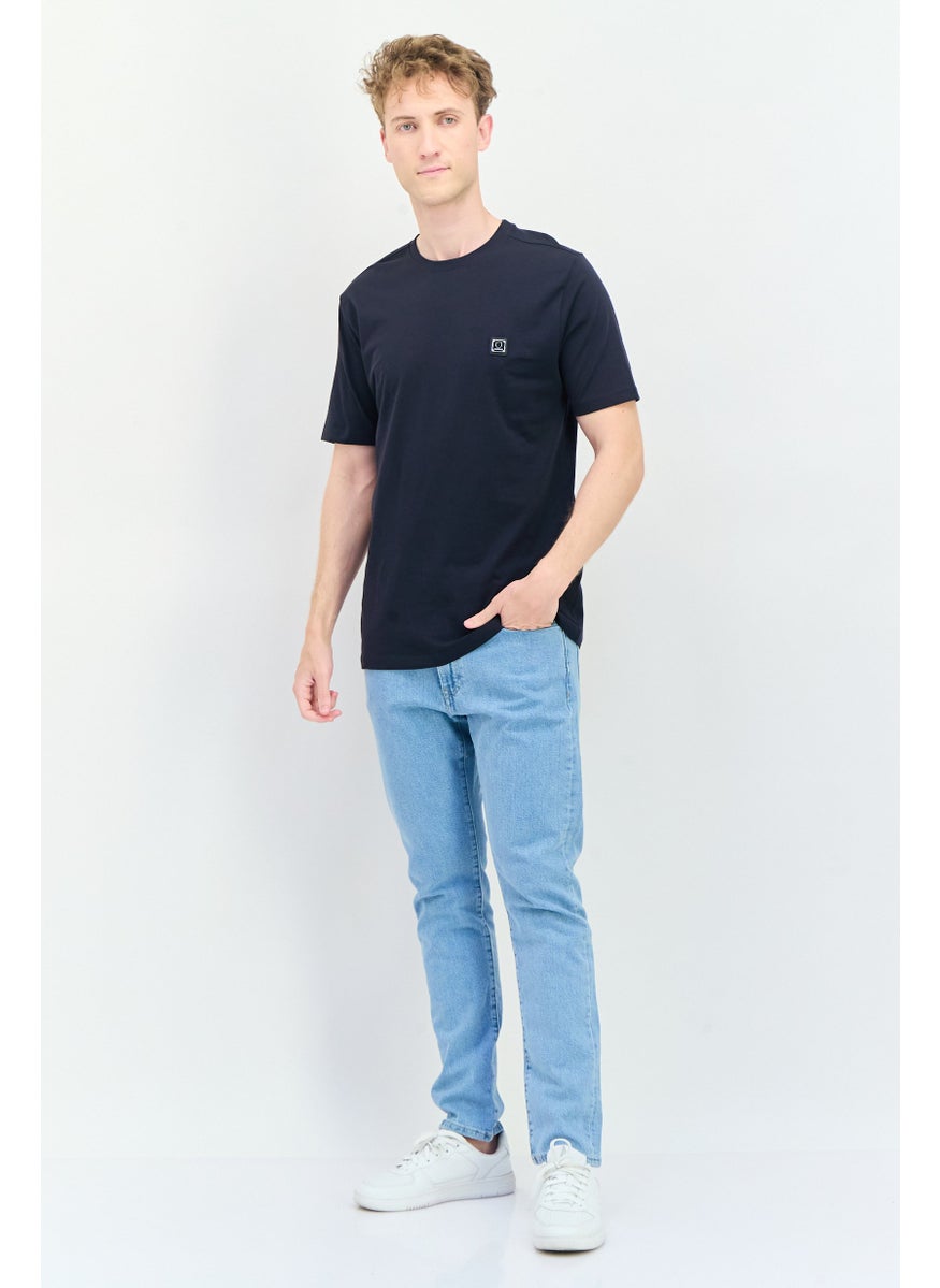 Men Crew Neck Short Sleeve Brand Logo T-Shirts, Navy Blue