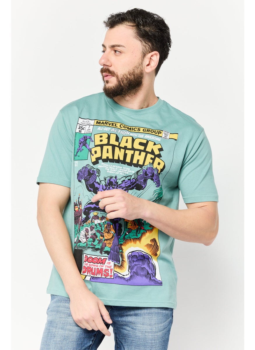 Men Crew Neck Short Sleeves Black Panther Print T-Shirt, Slate Green