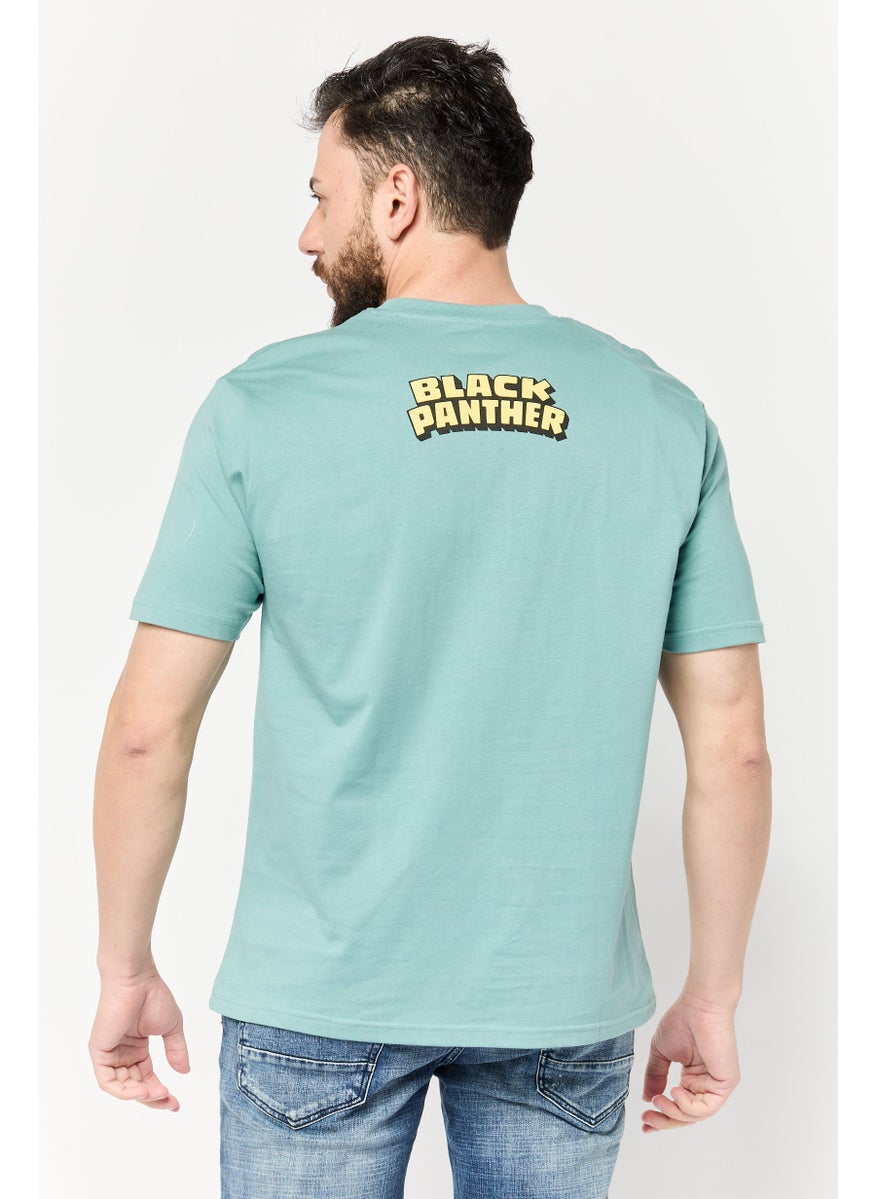 Men Crew Neck Short Sleeves Black Panther Print T-Shirt, Slate Green