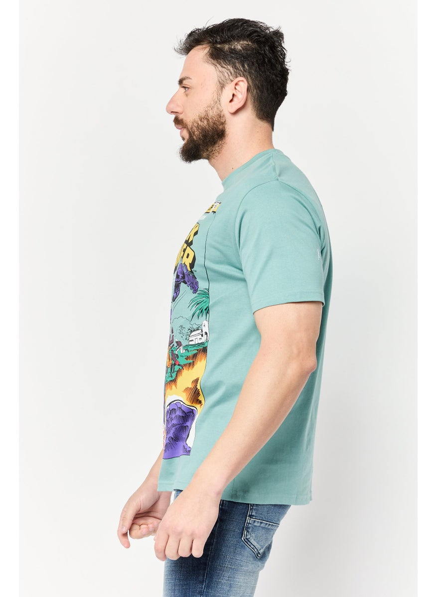 Men Crew Neck Short Sleeves Black Panther Print T-Shirt, Slate Green