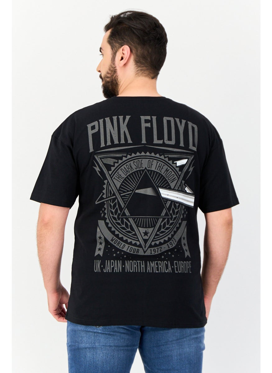 Men Drop Shoulder Fit Crew Neck Graphic Print T-Shirt, Black