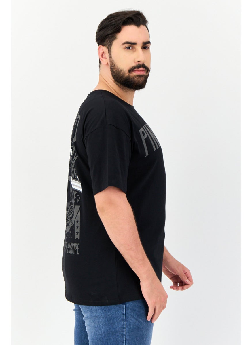 Men Drop Shoulder Fit Crew Neck Graphic Print T-Shirt, Black