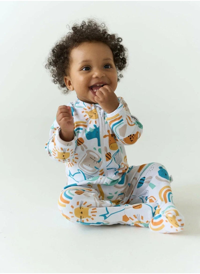 Newborn Cotton Sleepsuit “In the Animal World” – OEKO-TEX Certified Baby Jumpsuit with Two-Way Zipper, Soft First-Layer Outfit, Scratch Mitt Cuffs, Size 56