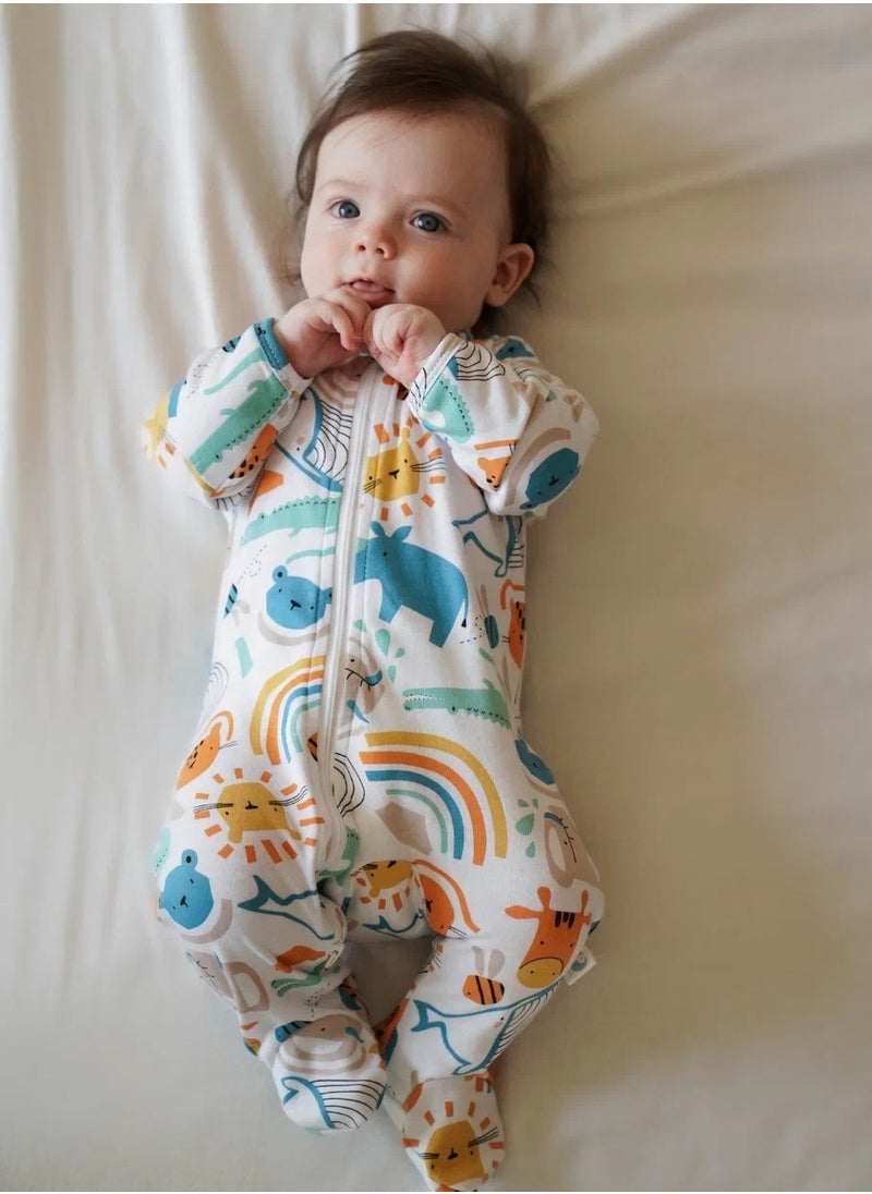 Newborn Cotton Sleepsuit “In the Animal World” – OEKO-TEX Certified Baby Jumpsuit with Two-Way Zipper, Soft First-Layer Outfit, Scratch Mitt Cuffs, Size 56