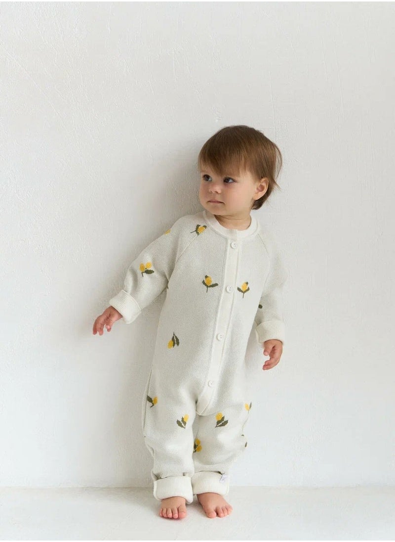 Knitted Baby Romper “Lemons on Ecru” 62–68 – Soft Cotton Jumpsuit for Newborns, Unisex Coming Home Outfit, Grow-with-Me Design, Comfortable Year-Round Wear
