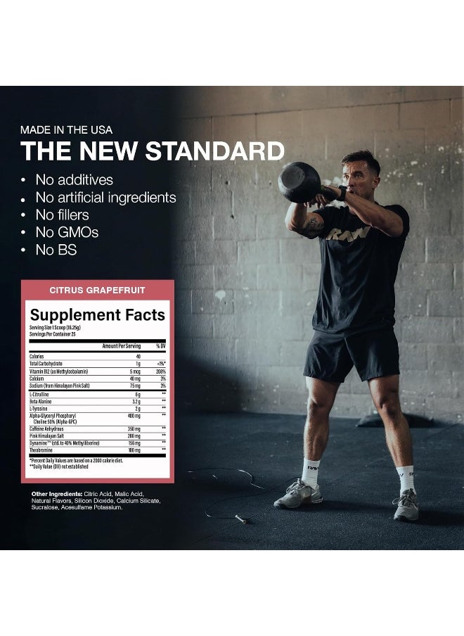 RAW Pre-Workout Powder, Essential CHARGED (Citrus Grapefruit) - Preworkout Supplement for Men, Women - Supports Focus, Mood, Performance - Caffeine, Alpha-GPC, L-Citrulline, Beta Alanine (25 Servings)