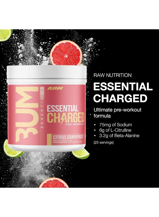 RAW Pre-Workout Powder, Essential CHARGED (Citrus Grapefruit) - Preworkout Supplement for Men, Women - Supports Focus, Mood, Performance - Caffeine, Alpha-GPC, L-Citrulline, Beta Alanine (25 Servings)